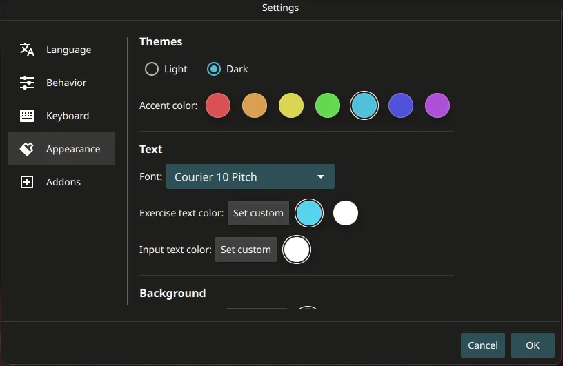 Open-Typer appearance settings for font, colors, and theme