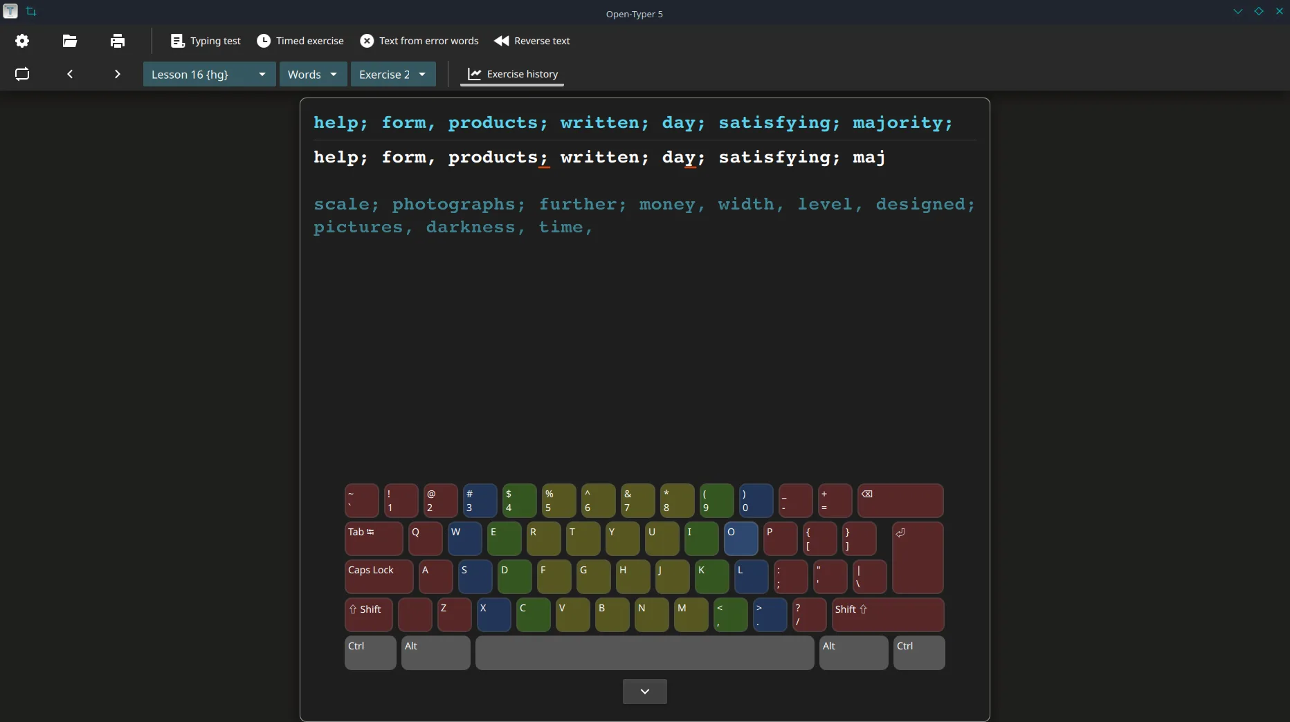 Open-Typer typing test main window in dark theme during a lesson