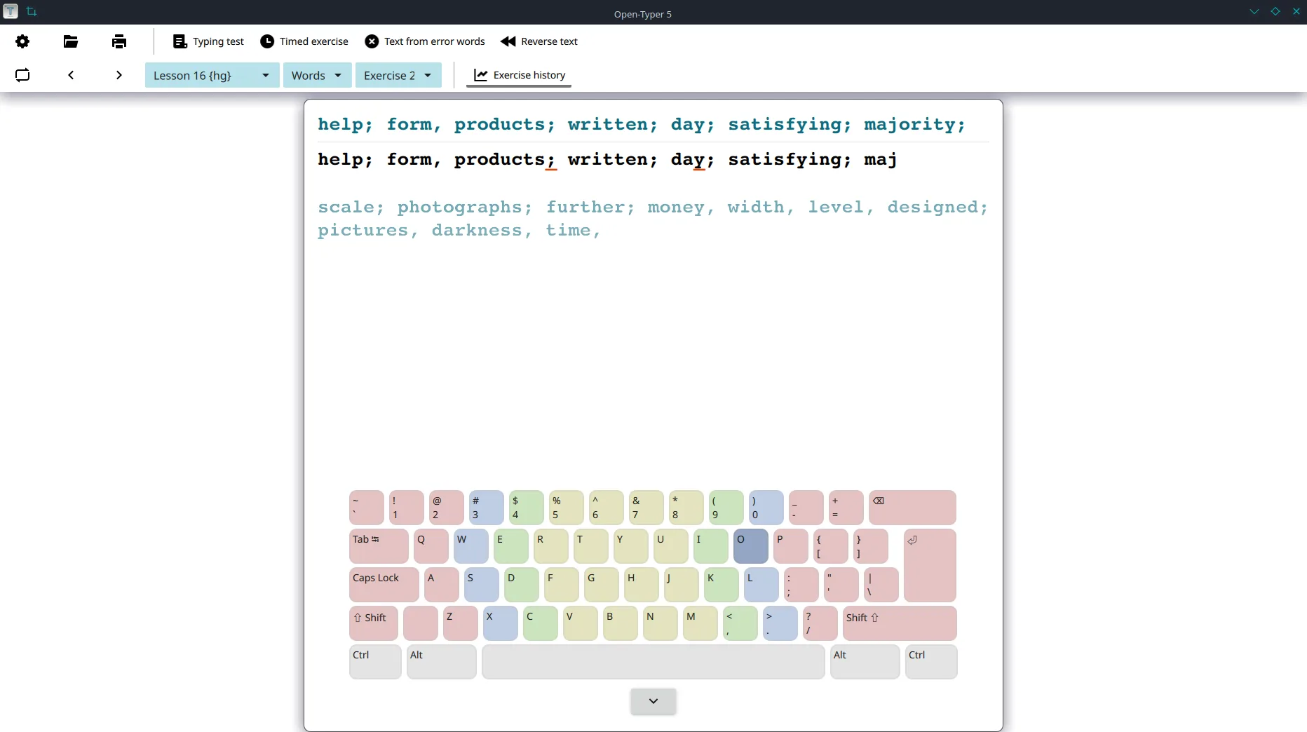 Open-Typer typing test main window in light theme with lesson text and keyboard guide